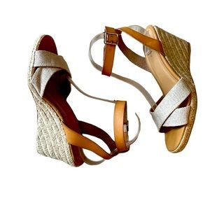 Old Navy Oatmeal‎ Canvas & Tan Leather Espadrille Wedges Size 8.5